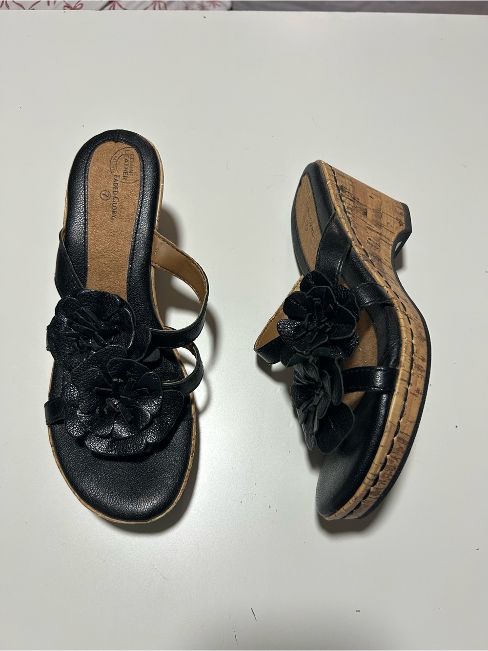 Y2K Faded Glory Black Floral Cork Wedge Sandals - Women